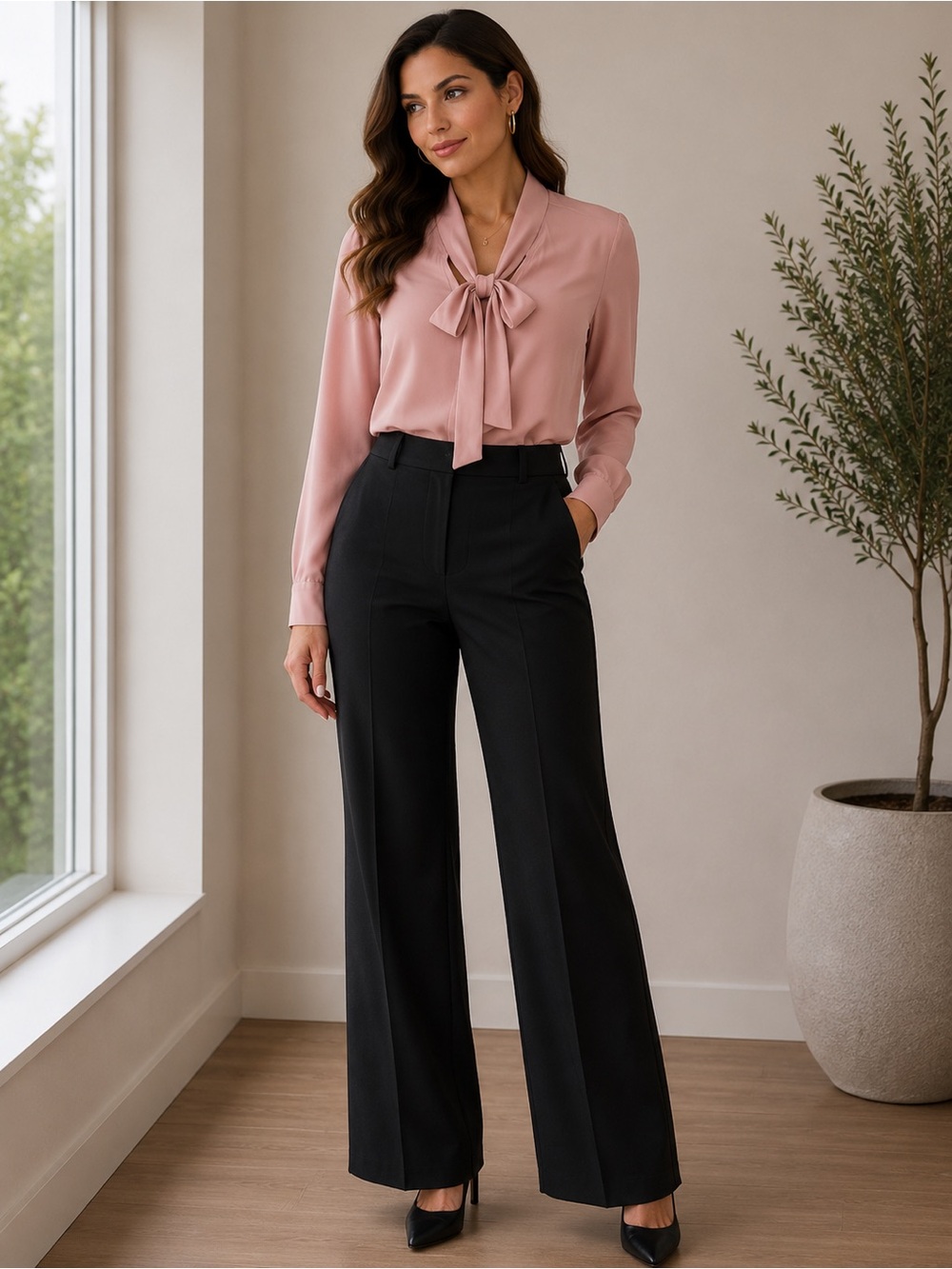 SHEIN Pink Long Sleeve Tie Neck Blouse Size S